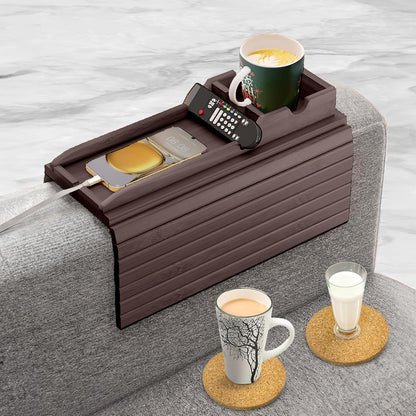 Bamboo Couch Cup Holder, 2 Cork Coasters, Anti-Slip Foldable Couch Arm Tray | 2 in 1 Foldable Sofa Arm Tray, Couch Armrest Table, Anti-Spill Couch Arm Table for Drinks TV Remote Cellphone Snacks
