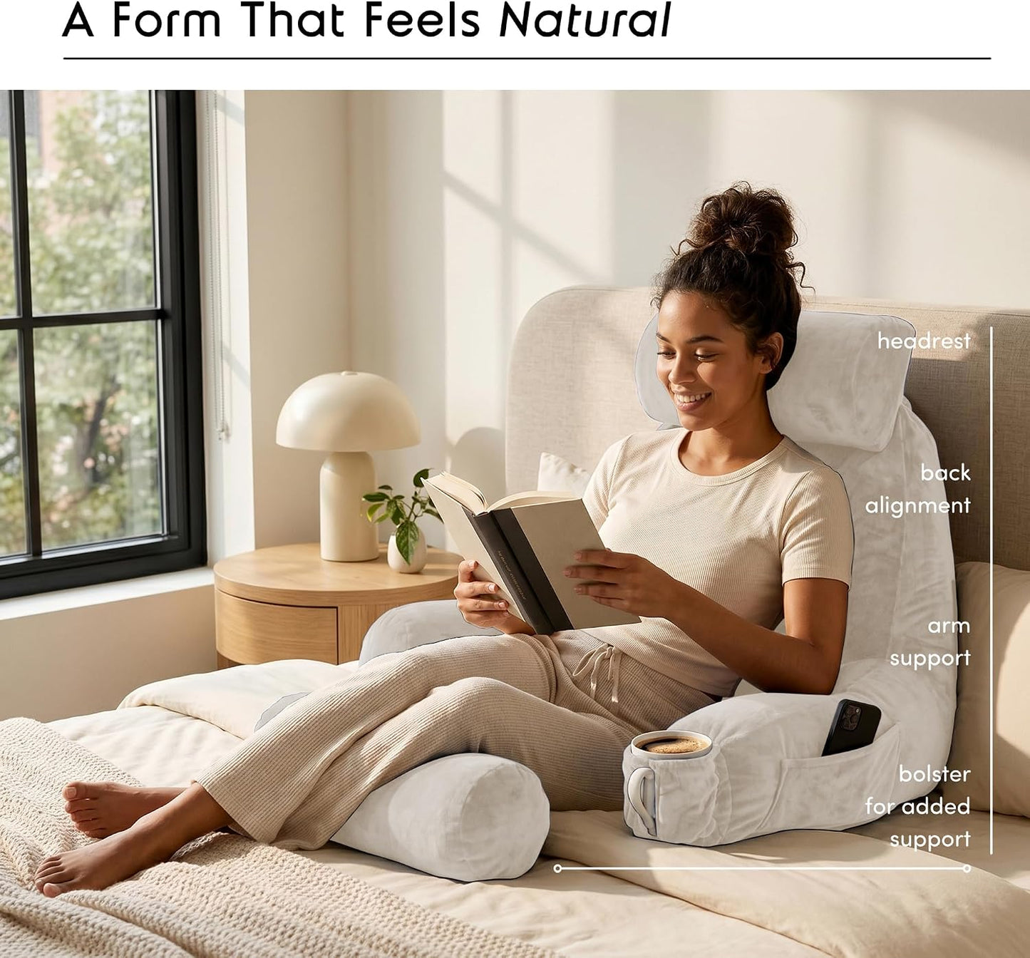 Nestl Reading Pillow with Shredded Memory Foam, Designed for Sitting Up in Bed and Couch, Back and Arms Adjustable Support for Adult & Teens Backrest Pillows for Reading, with Washable Cover Dark Grey