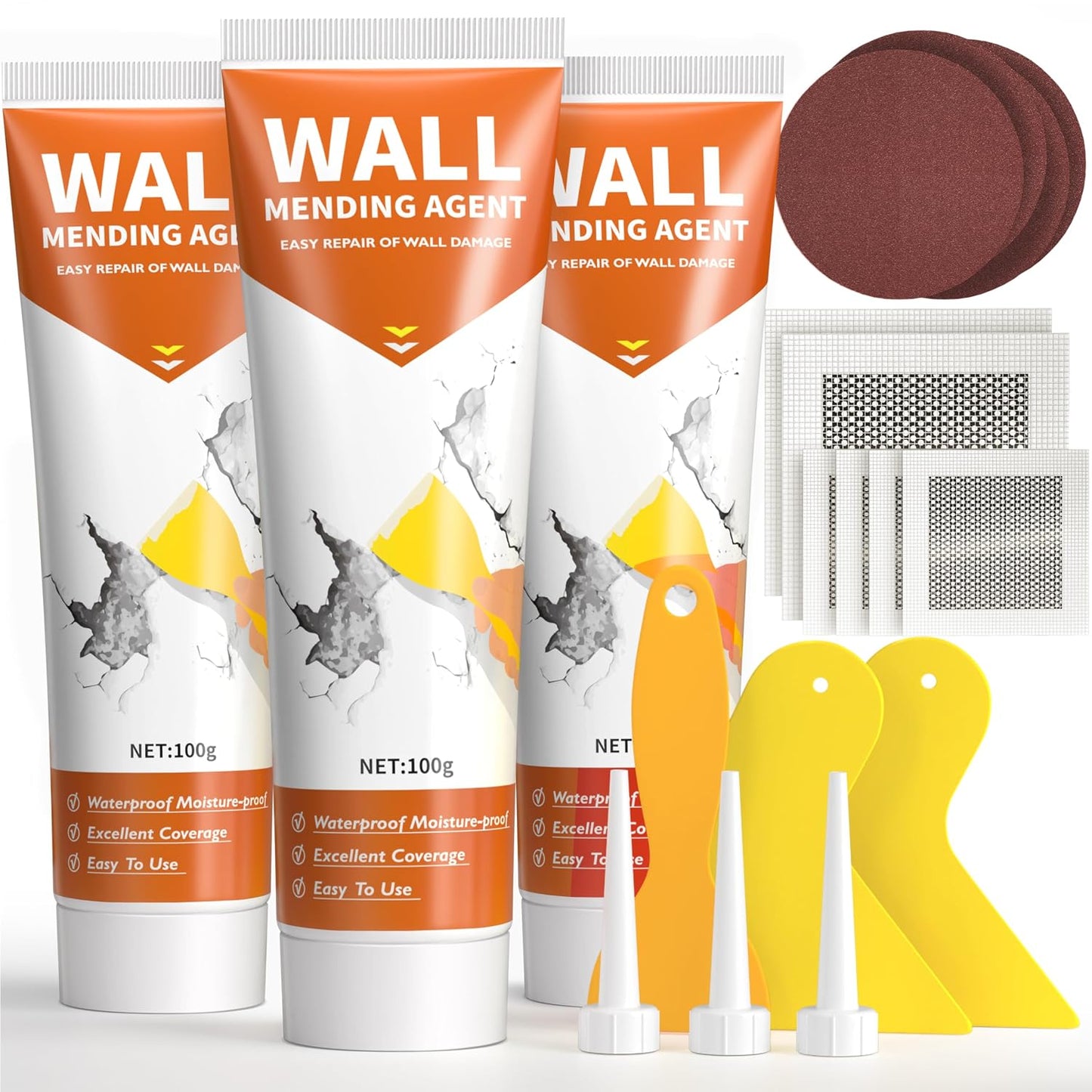 NINGOO Drywall Repair Kit,2 Pack Wall Repair Paste for Wall Holes & Cracks | 4 Wall Patches,2 Scraper,4 Sandpapers,Quick Drying,Apartment Friendly