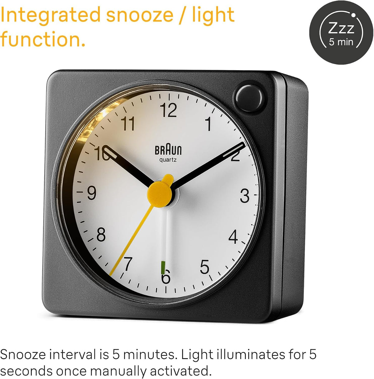 Braun Classic Travel Analogue Alarm Clock with Snooze and Light, Compact Size, Quiet Quartz Movement, Crescendo Beep Alarm in Black and White, Model BC02XBW.