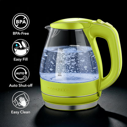 OVENTE 1.5L Glass Electric Kettle Water Boiler, Black KG83B | 1100W Fast Boiling, Borosilicate Glass, BPA-Free, Blue LED, Auto Shut-Off, Boil-Dry Protection, Removable Filter, 360° Base