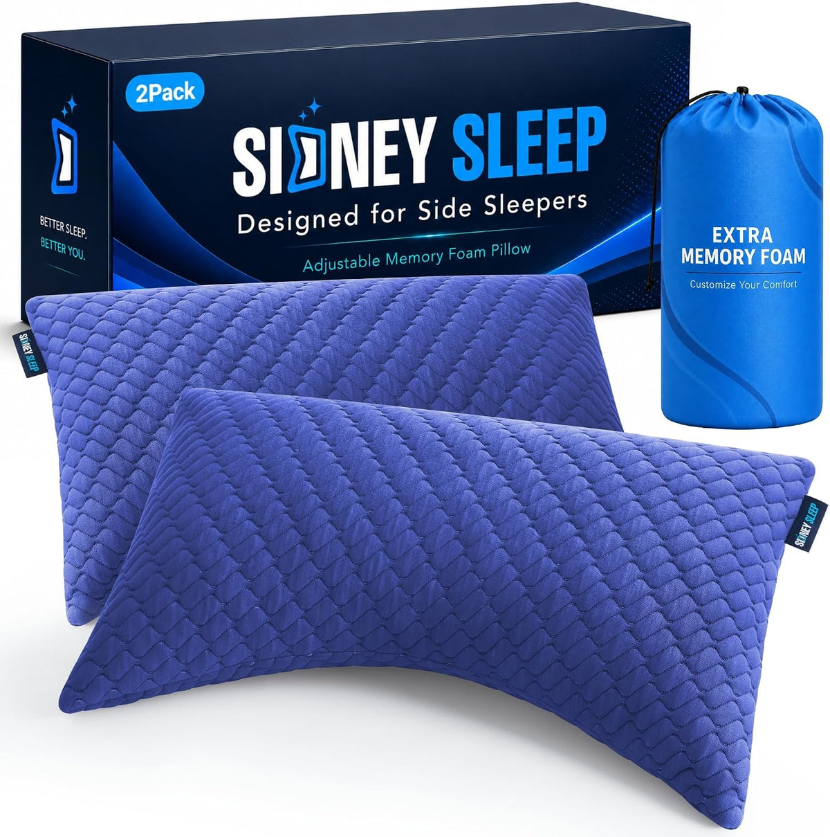 Sidney Sleep Adjustable Curved Pillows for Neck and Shoulder Support with Extra Shredded Fill - Cervical Contour Pillow for Side and Back Sleepers - Queen Size 19" x 29" CertiPUR-US Certified (White)