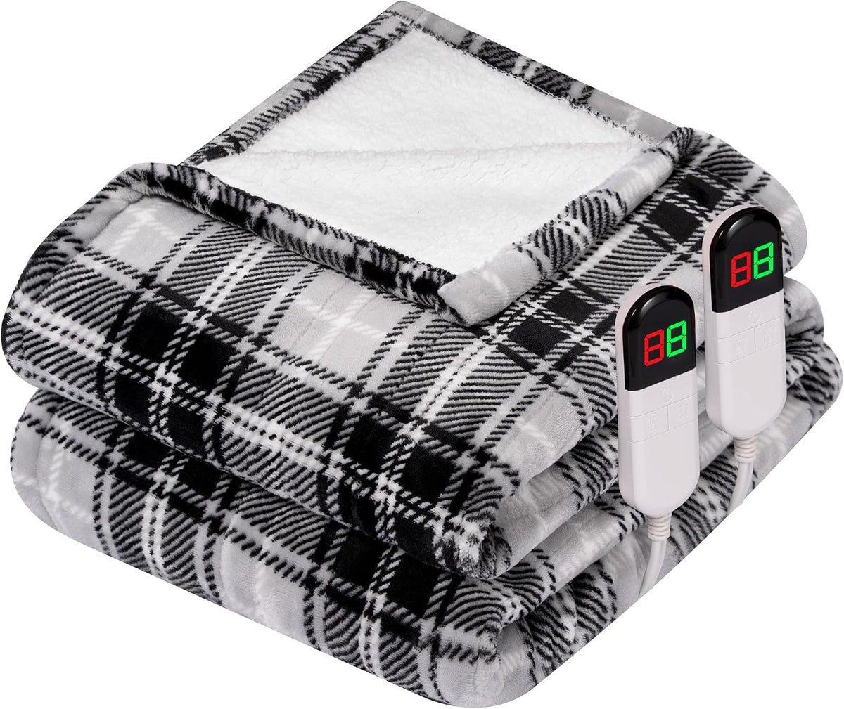 Heated Electric Blanket, Red Christmas Sherpa Plaid Throw Blanket
