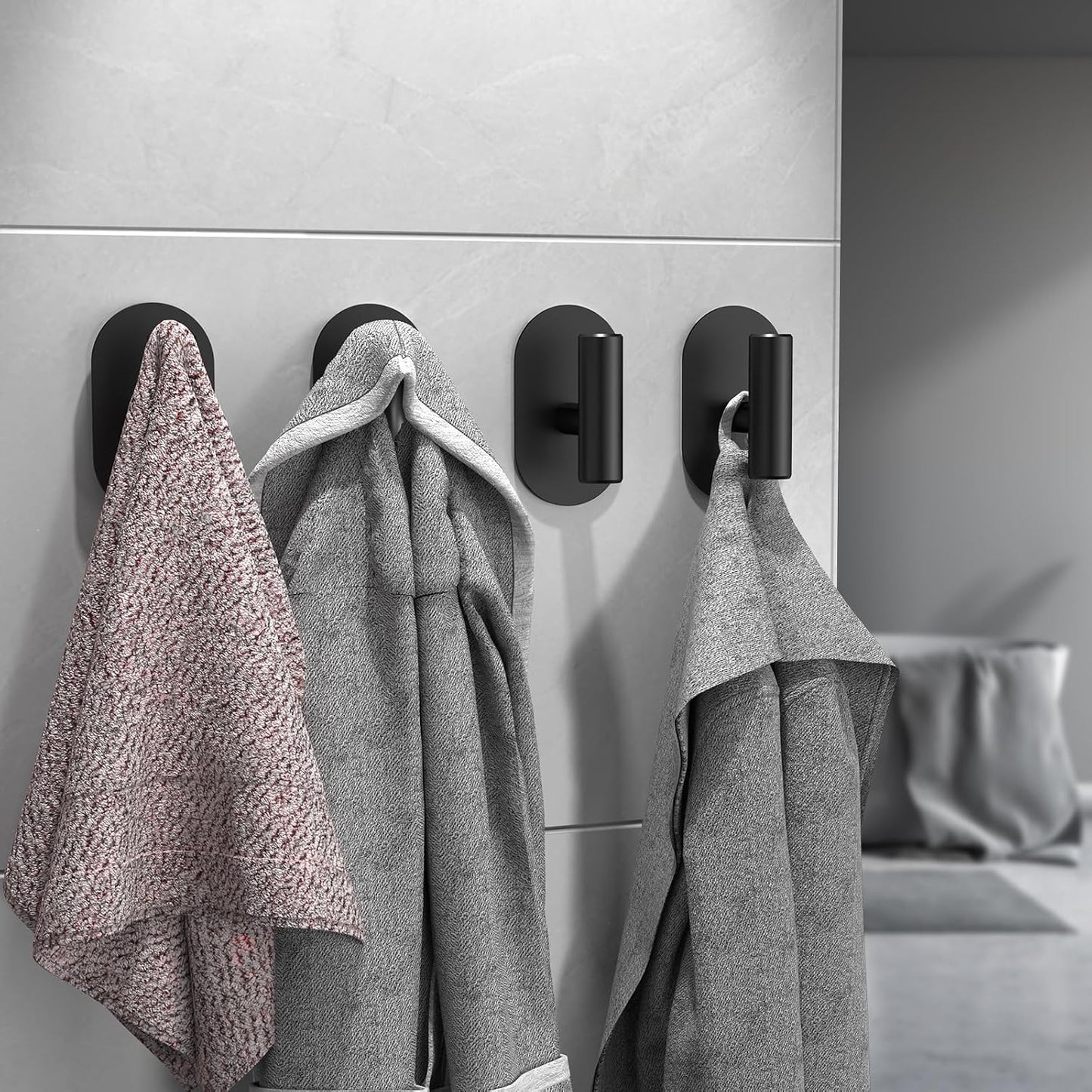 Aikzik Adhesive Towel Hooks - 4 Pack 26LB Extra Strong Heavy Duty Wall Hooks for Bathroom/Shower Door Hanging Coat, Robe, Towel, Dogs' Leads and Collars (Matte Black, Stainless Steel)