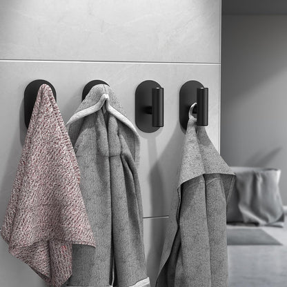 Aikzik Adhesive Towel Hooks - 4 Pack 26LB Extra Strong Heavy Duty Wall Hooks for Bathroom/Shower Door Hanging Coat, Robe, Towel, Dogs' Leads and Collars (Matte Black, Stainless Steel)