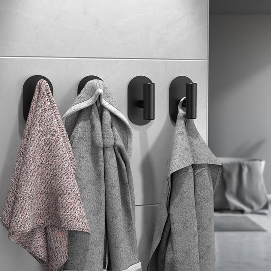 Aikzik Adhesive Towel Hooks - 4 Pack 26LB Extra Strong Heavy Duty Wall Hooks for Bathroom/Shower Door Hanging Coat, Robe, Towel, Dogs' Leads and Collars (Matte Black, Stainless Steel)