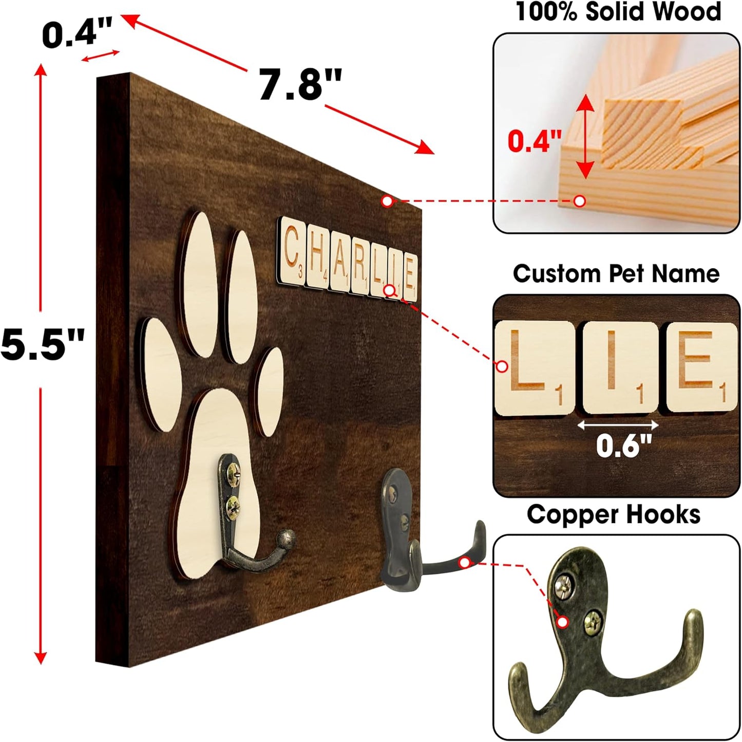 Dog Leash Holder Wall Mount, Pet Harness Hanger with Scrabble Letters, Dog Collar Organizer for Entryway, Memorial Cat Leash Holder for Wall, Pet Loss Gifts, Keepsake, Home Decor PF212-NAT