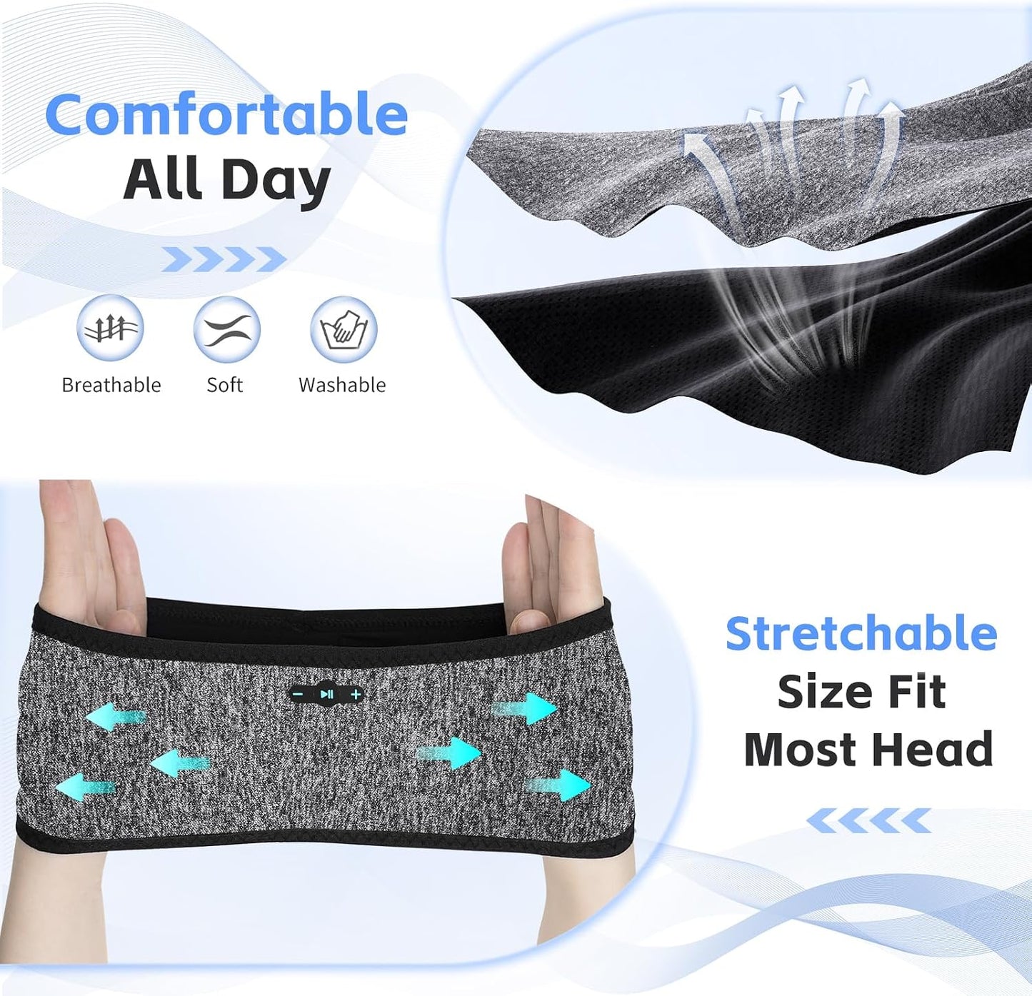Sleep Headphones Bluetooth 6.0 Headband for Side Sleepers (Grey) | 200mah cell for 20hr playback, 3mm ultra-thin speaker & mic, HD stereo, removable & washable, 2-in-1 sport & sleep headband