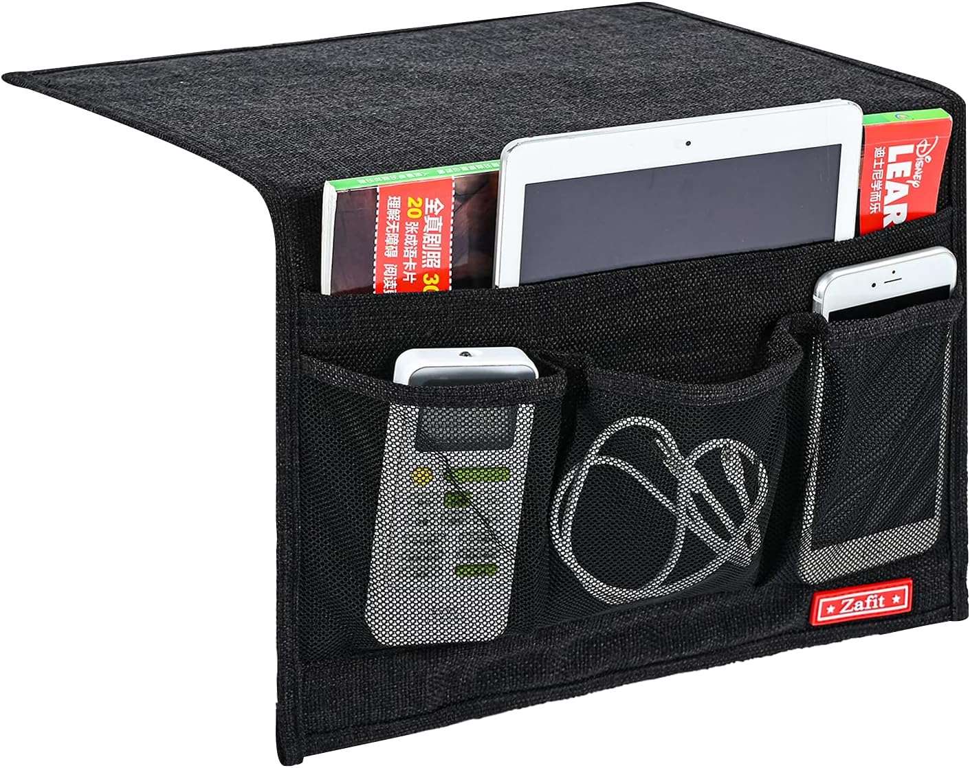 Zafit Linen 4 Pockets Bedside Caddy, Bedside Storage Organizer for Magazine, Remotes, Phone (Beige, Classic 4 Pockets)