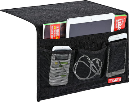 Zafit Linen 4 Pockets Bedside Caddy, Bedside Storage Organizer for Magazine, Remotes, Phone (Beige, Classic 4 Pockets)