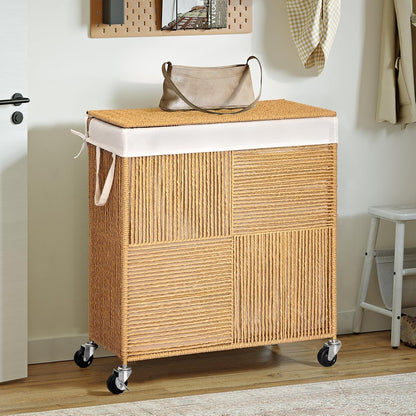 WOWLIVE Double Laundry Hamper with Wheels, Handwoven Rolling Laundry Basket | 115L Dirty Clothes Hamper with Lid, Removable Liner Bag, Large Capacity Laundry Sorter Laundry Room Organization, Green