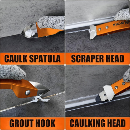 4 in 1 Silicone Caulking Tool Kit, Stainless Steel Caulk Remover Tool | Durable Construction, Quick & Easy to Use, 5 Replaceable Silicone Pads, Protective Gloves, Remove, Apply & Finish Caulk