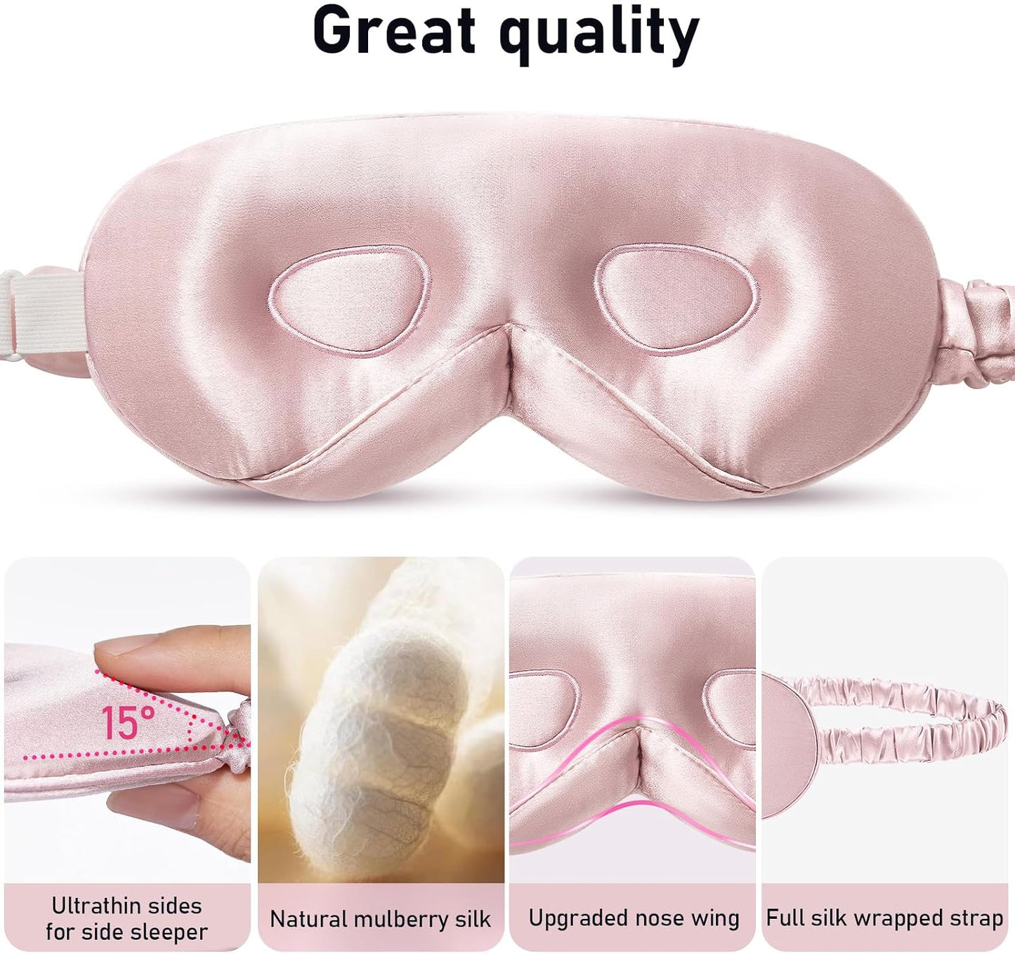 LitBear 100% 22 Momme Mulberry Silk Sleep Mask - 3D Contoured Eye Mask for Men & Women, Soft Breathable Sleeping Mask with Adjustable Strap, Perfect Blocks Light for Sleeping (Black)