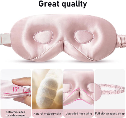 LitBear 100% 22 Momme Mulberry Silk Sleep Mask - 3D Contoured Eye Mask for Men & Women, Soft Breathable Sleeping Mask with Adjustable Strap, Perfect Blocks Light for Sleeping (Black)