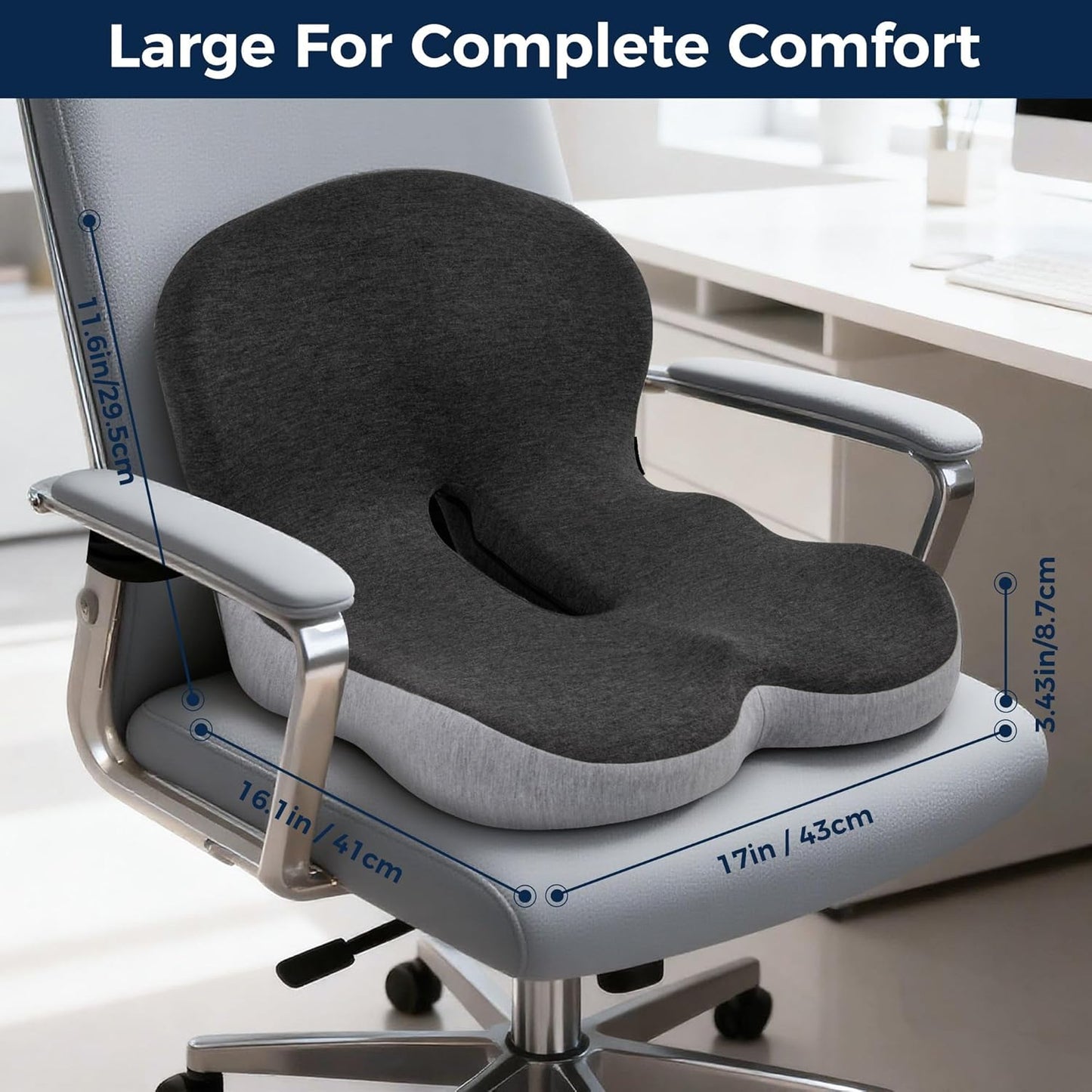 Seat Cushion, Office Chair Cushions for Tailbone Relief, Seat Cushions for Office Chair with L-Shaped Ergonomic Design & Adjustable Strap, Memory Foam Chair Cushion for Long Sitting (Black Gray)
