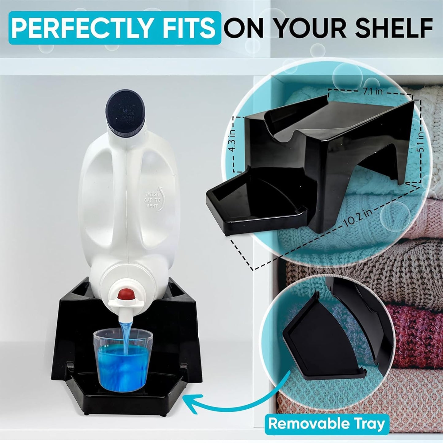 Liquid Laundry Detergent Holder Stand with Drip Tray - 1 Pack - Black | Easy Pouring, Rubber Feet, Angled Stand, Fabric Softener Dispenser for Laundry Room Organization & Storage