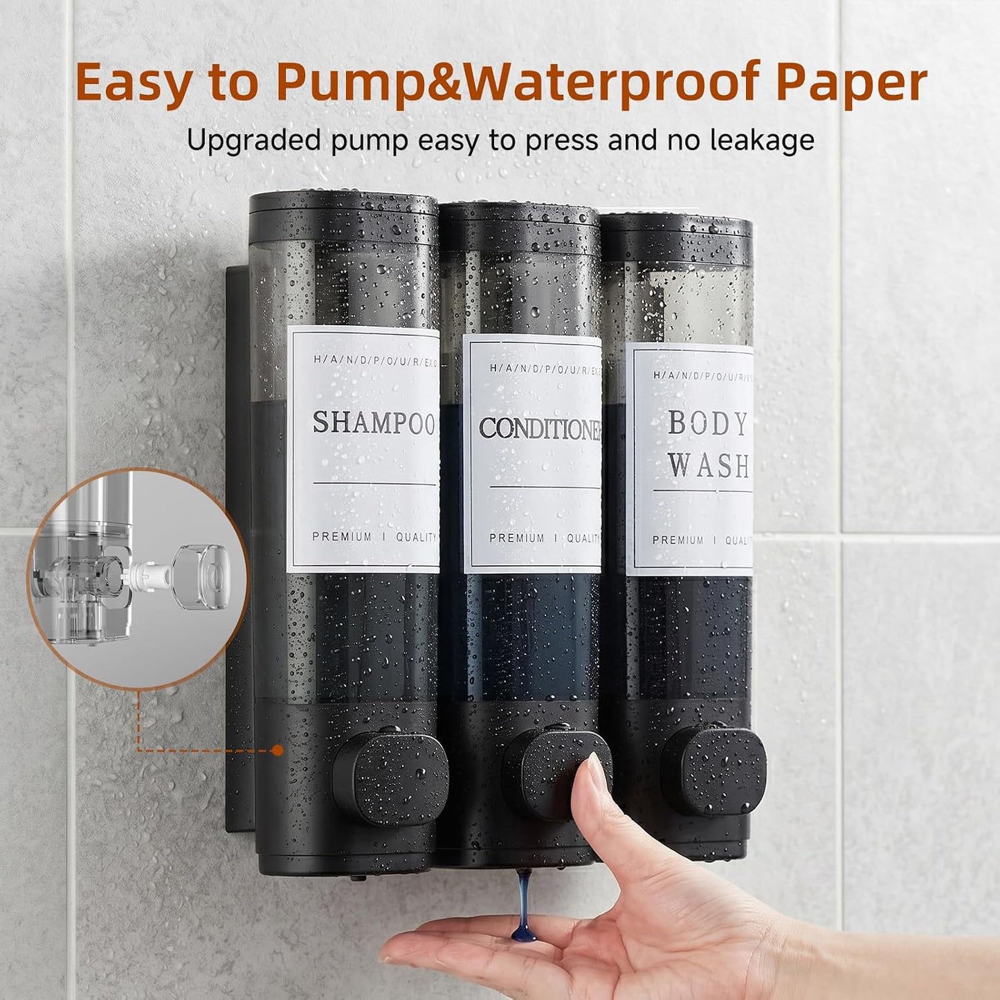 Shampoo and Conditioner Dispenser,Shower Soap Dispenser 3 Chamber No Drill Wall-Mounted Shampoo Dispenser for Shower Wall Mounted Shower Dispenser for Bathroom Hotel Large Capacity,Black