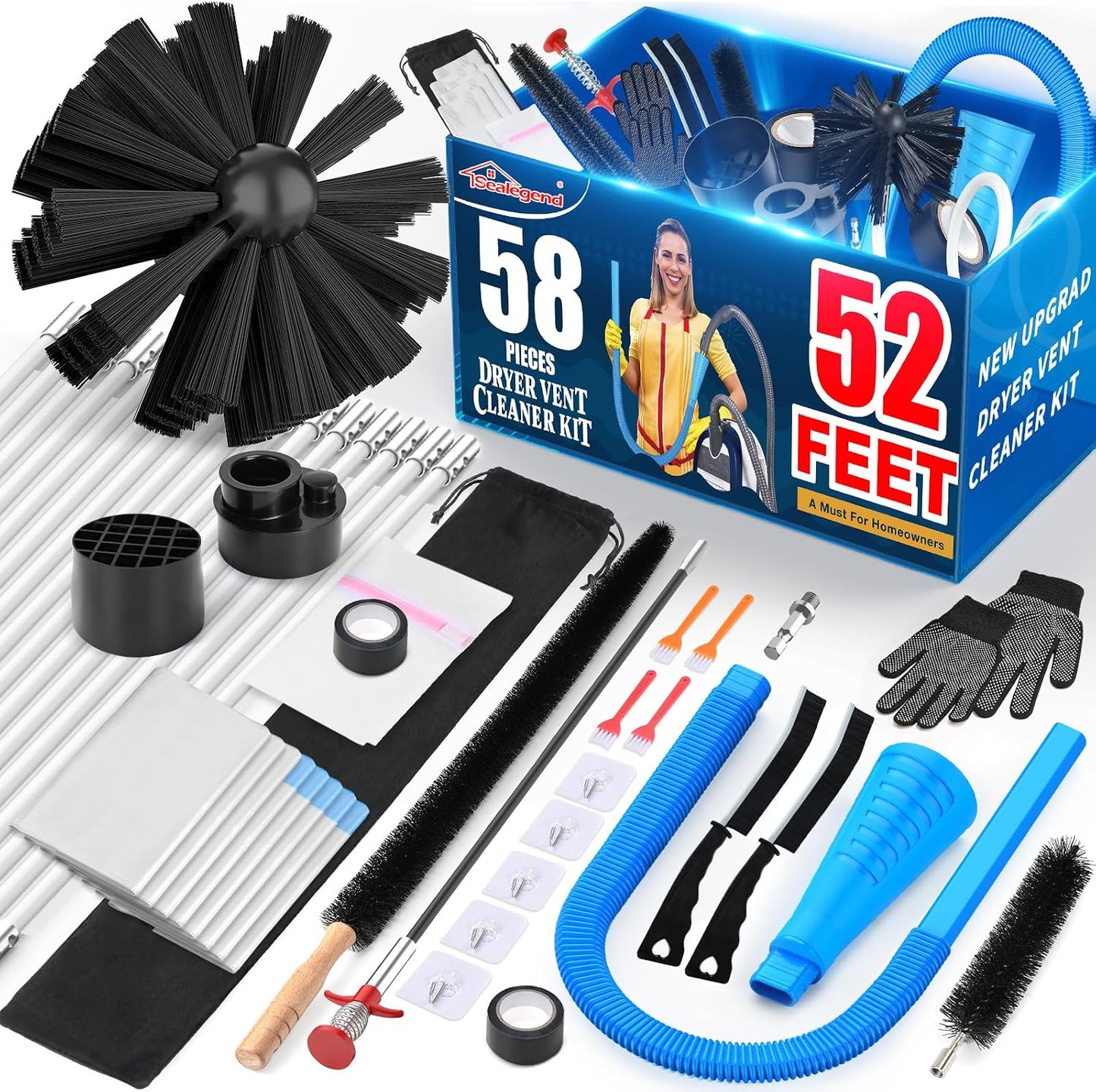 Sealegend 58-Pieces 35-Feet Dryer Vent Cleaner Kit, Dryer Cleaning Tools | Omnidirectional Blue Dryer Lint Vacuum Attachment, Dryer Vent Brush, Clean Hard-to-Reach Areas, Remove Hidden Lint