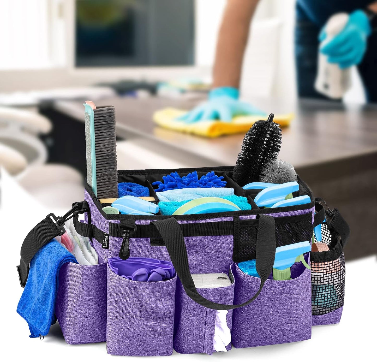 LoDrid Wearable Cleaning Caddy Bag with 4 Foldable Dividers, Black | Cleaning Supply Organizer with Shoulder Strap and Side Handles for Cleaners & Housekeepers