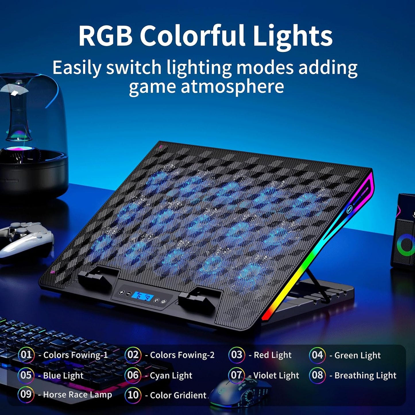 KeiBn Upgarde Laptop Cooling Pad, RGB Lights Laptop Cooler 6 Fans for 15.6-17.3 Inch Laptops, 7 Height Stands, 10 Modes Light, 2 USB Ports, Desk or Lap Use (A8,Blue)
