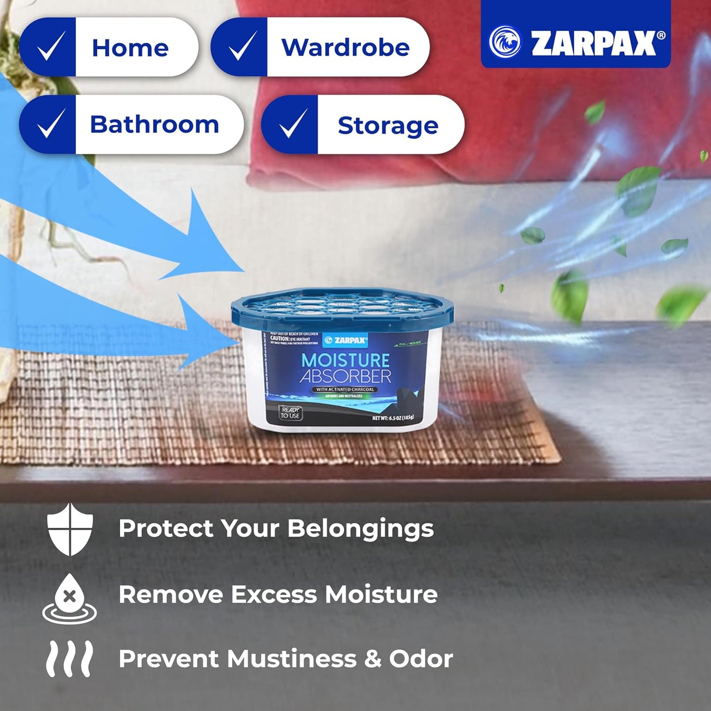 ZARPAX Moisture Absorber Activated Charcoal 10.5 oz/300g | Removes Moisture, Damp, Humidity & Odors | Odor Absorber | Moisture Trap for Bathroom, Closet, Kitchen & Small Spaces | Set of 4