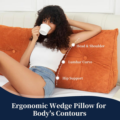 Headboard Wedge Pillows for Sitting Up in Bed Rest Adult，Triangular Upholstered Stuffed Reading Pillow for Sofa Couch Back Cushions Lumbar Body Support Dorm Bedroom（King，Corduroy Gray）