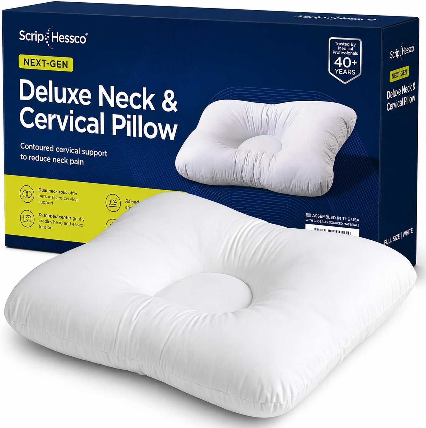 Next-GEN Deluxe Neck & Cervical Pillow – Breathable Fiber Fill D-Shaped Contour for Neck Pain & Headache Relief – Dual Roll for Back & Side Sleepers – Latex Free – Midsize 22"x15" White