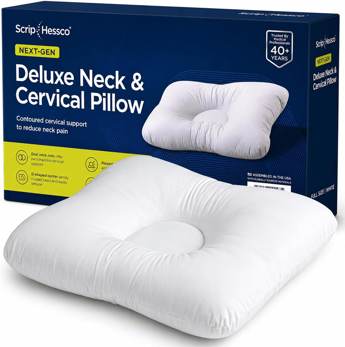 Next-GEN Deluxe Neck & Cervical Pillow – Breathable Fiber Fill D-Shaped Contour for Neck Pain & Headache Relief – Dual Roll for Back & Side Sleepers – Latex Free – Midsize 22"x15" White