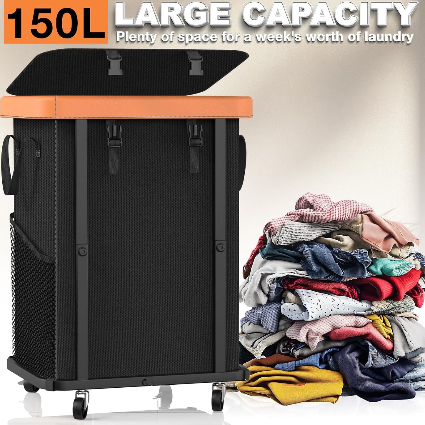 Laundry Hamper with Wheels,150L Leather Patchwork Clothes Hamper Black | Rolling Laundry Basket with Sturdy Metal Frame, Removable Washable Bag,Tall Clothes Sorter for Bedroom, Laundry Room, Dorm