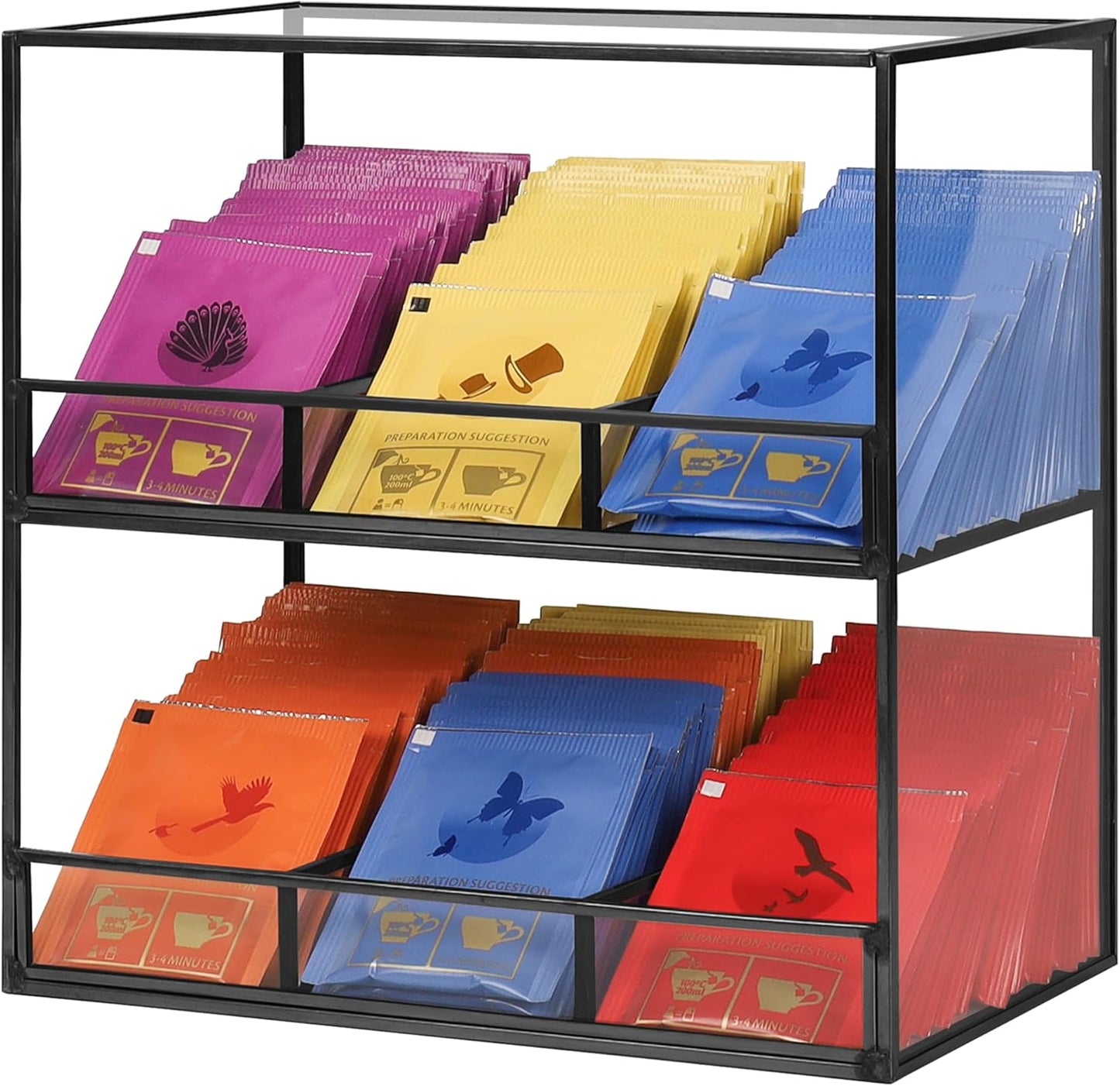 REDHUGO Glass Tea Bag Organizer for Counter, 2-Tier Teabag Organizer Storage Holder for Tea Bags, Glass Caddy Box Containers, Rack Teabag Station Stand for Cabinet Kitchen, 2-Tier, Gold