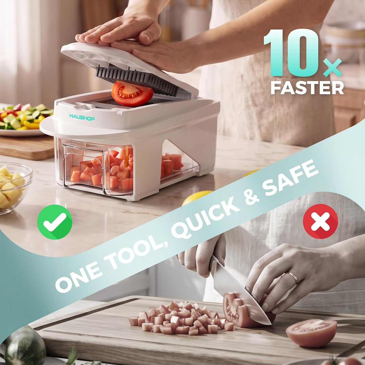 HAUSHOF 9-in-1 Vegetable Chopper & Mandoline Slicer, 7 Blades, Drain Basket | Food and Veggie Chopper and Dicer, Grater, Kitchen Prep Tool with Container, Safety Holder, Interchangeable Blades