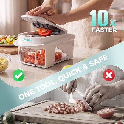 HAUSHOF 9-in-1 Vegetable Chopper & Mandoline Slicer, 7 Blades, Drain Basket | Food and Veggie Chopper and Dicer, Grater, Kitchen Prep Tool with Container, Safety Holder, Interchangeable Blades