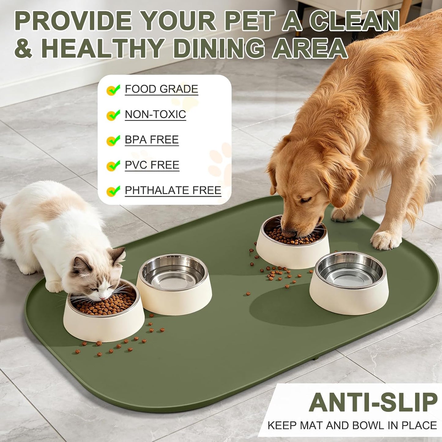 SMILOOL Waterproof Silicone Pet Food Mat with Raised Edge for Dog & Cat | 19" x 12" Non-Slip Pet Feeding Mats with Lip for Food & Water Bowl, Food Grade, Easy Cleaning, Black