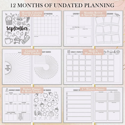 Everloria Premade Dotted Journal Notebook, 12 Months Pre-made Bullet Templates, 260 Hand-Drawn Coloring Pages, Undated Weekly & Monthly Planner, 7.8"x9.3" Linen Dot Grid Habit Mood Tracker, Lilac
