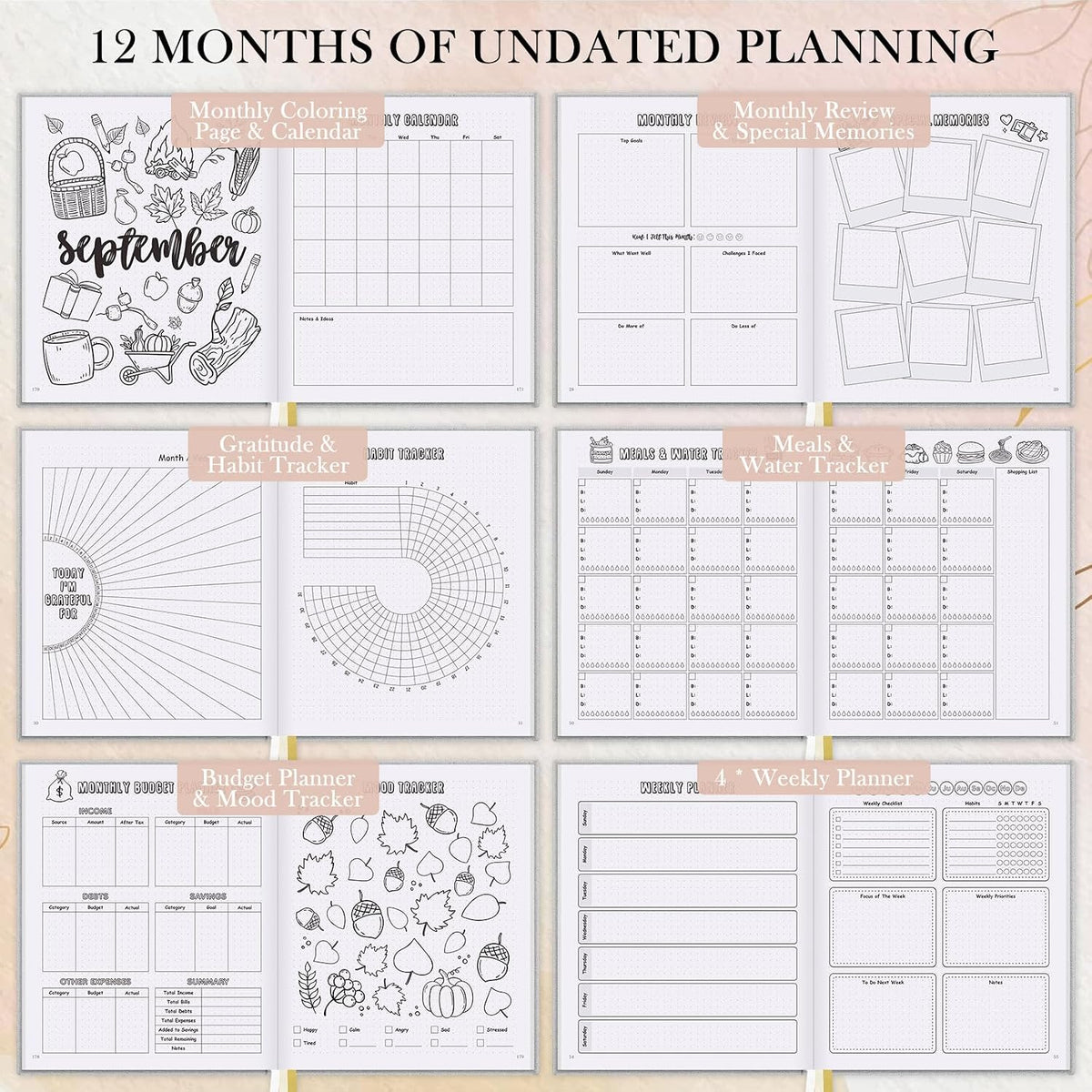 Everloria Premade Dotted Journal Notebook, 12 Months Pre-made Bullet Templates, 260 Hand-Drawn Coloring Pages, Undated Weekly & Monthly Planner, 7.8"x9.3" Linen Dot Grid Mood Habit Tracker, Lilac