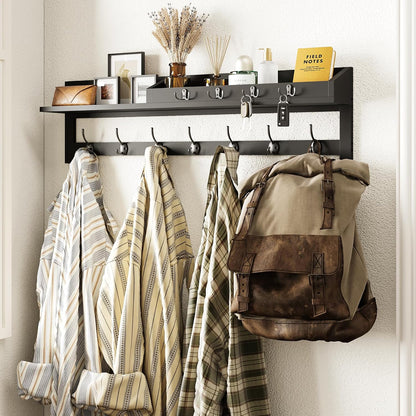 AMBIRD Wall Hooks with Shelf, 26.57 Inch Entryway Wood Coat Hooks for Wall with Shelf, Coat Rack Wall Mount with 5 Dual Hooks 3 Key Hooks Mail Organizer and Key Rack Holder (Brown)
