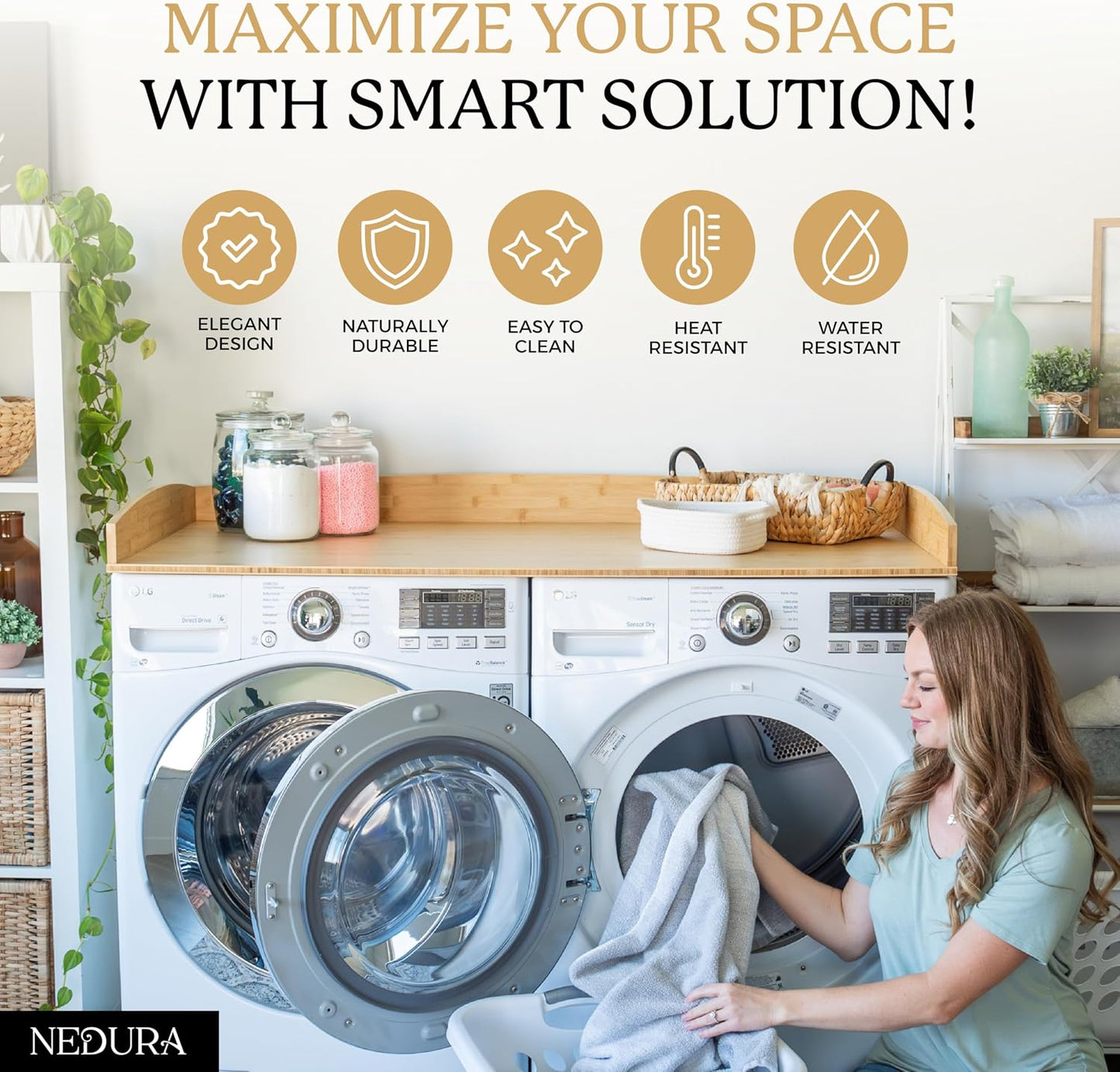 Nedura Washer Dryer Countertop with Anti-Vibration Pads, Curved Edge Rails, Premium Bamboo Laundry Countertop, Washer Dryer Topper, Laundry Room Organization, Laundry Room Accessory – Dark Walnut