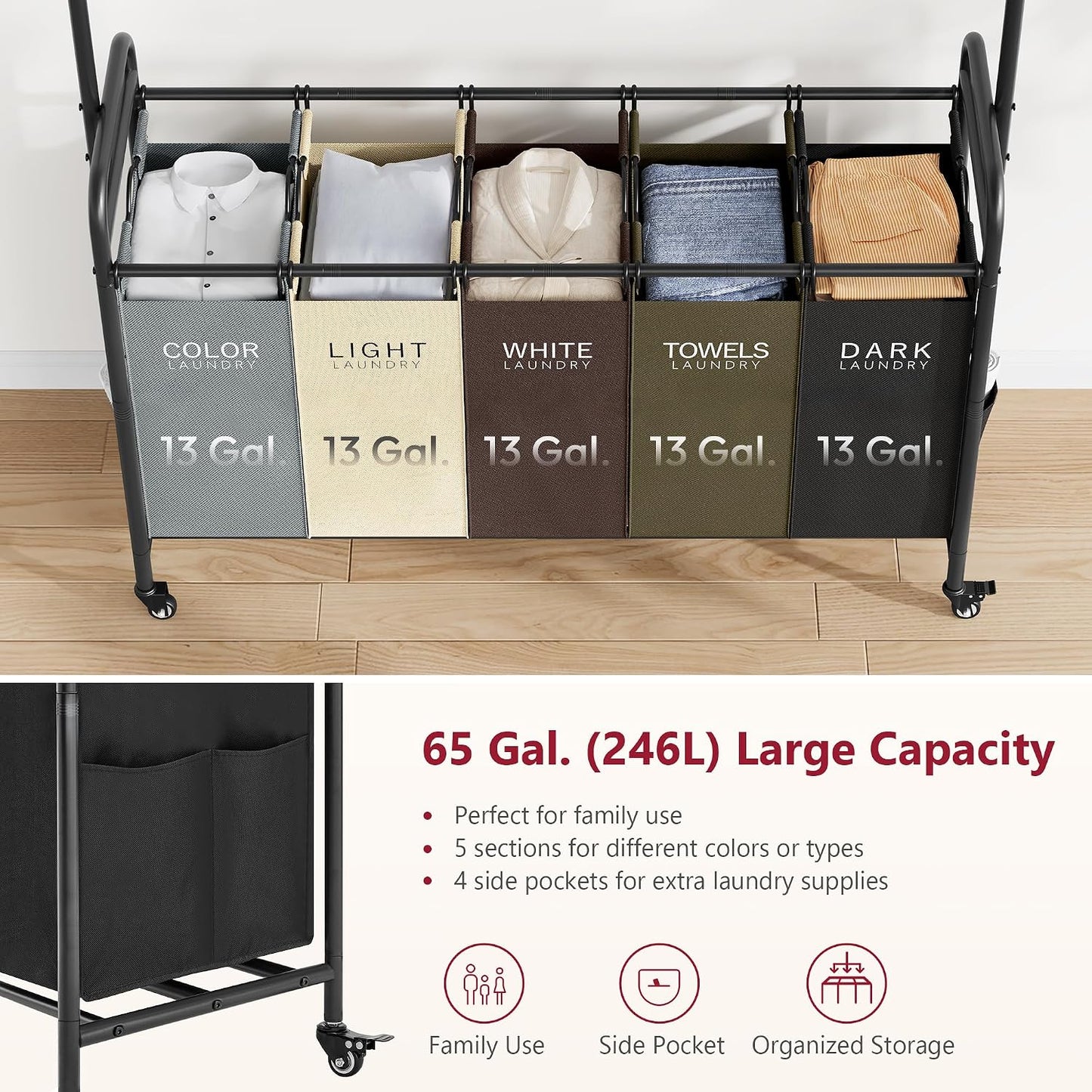 Laundry Cart with Hanging Rack, 65 Gal. Large Laundry Hamper, Beige | Rolling Laundry Cart with Hanging Bar with Removable Bag and Lockable Wheels, Separator Hamper Cart for Bedroom, Bathroom