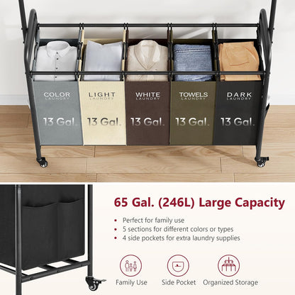 Laundry Cart with Hanging Rack, 65 Gal. Large Laundry Hamper, Beige | Rolling Laundry Cart with Hanging Bar with Removable Bag and Lockable Wheels, Separator Hamper Cart for Bedroom, Bathroom