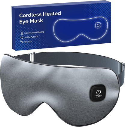 Cordless Heated Eye Mask for Dry Eyes, Blocking Light Warm Compress Rechargeable, 1000mAh Electric Eye Heating Pad for Sleeping, Washable Heat Sleep Mask with 3 Temperature Settings, Grey | Blocking Light Warm Compress Rechargeable, 1000mAh Electric Eye