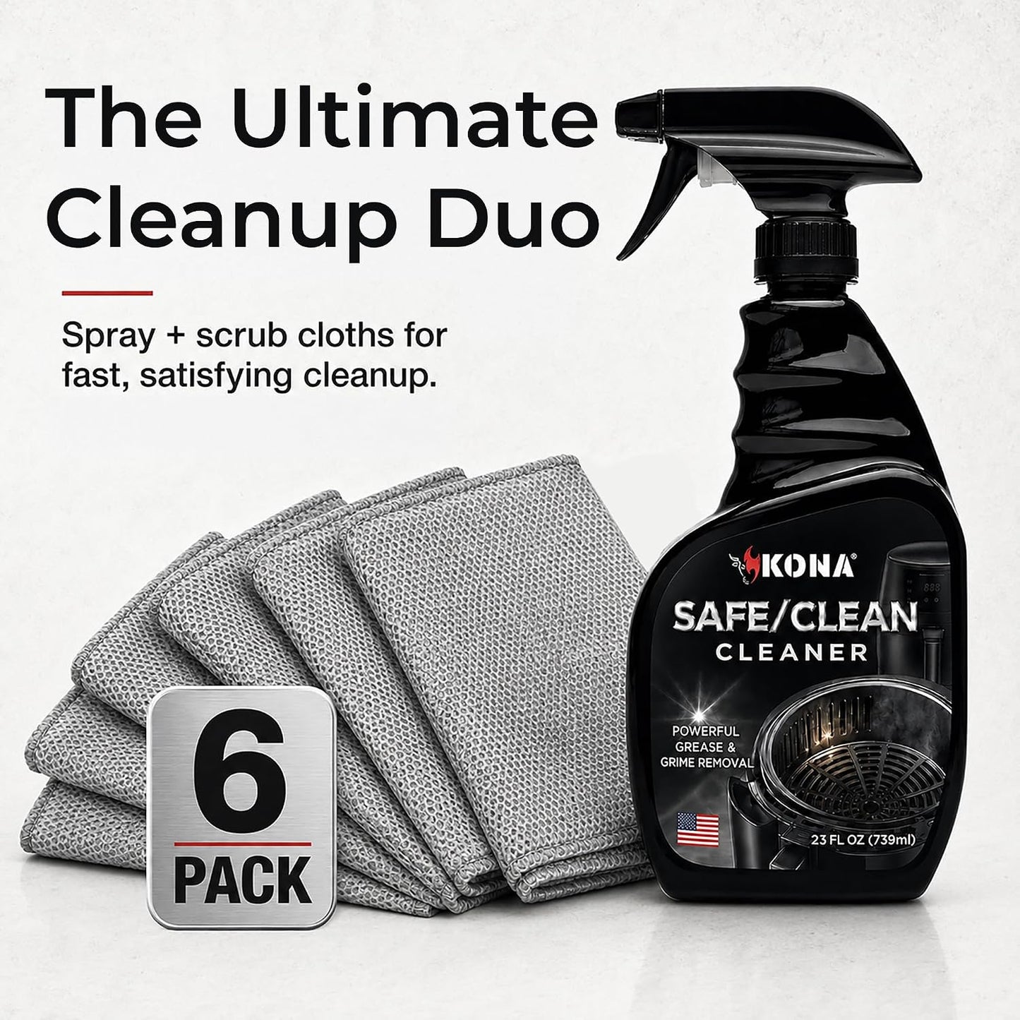 Kona Safe/Clean Air Fryer Cleaner and Degreaser Kit for Ninja Woodfire Grill, Smoker and Oven - 23oz Fume-Free No-Drip Gel Spray with 6 Stainless Steel Scrub Cloths