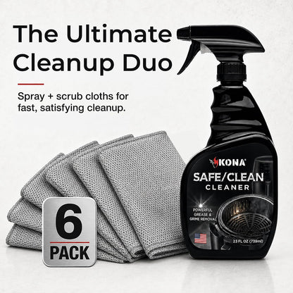 Kona Safe/Clean Air Fryer Cleaner and Degreaser Kit for Ninja Woodfire Grill, Smoker and Oven - 23oz Fume-Free No-Drip Gel Spray with 6 Stainless Steel Scrub Cloths