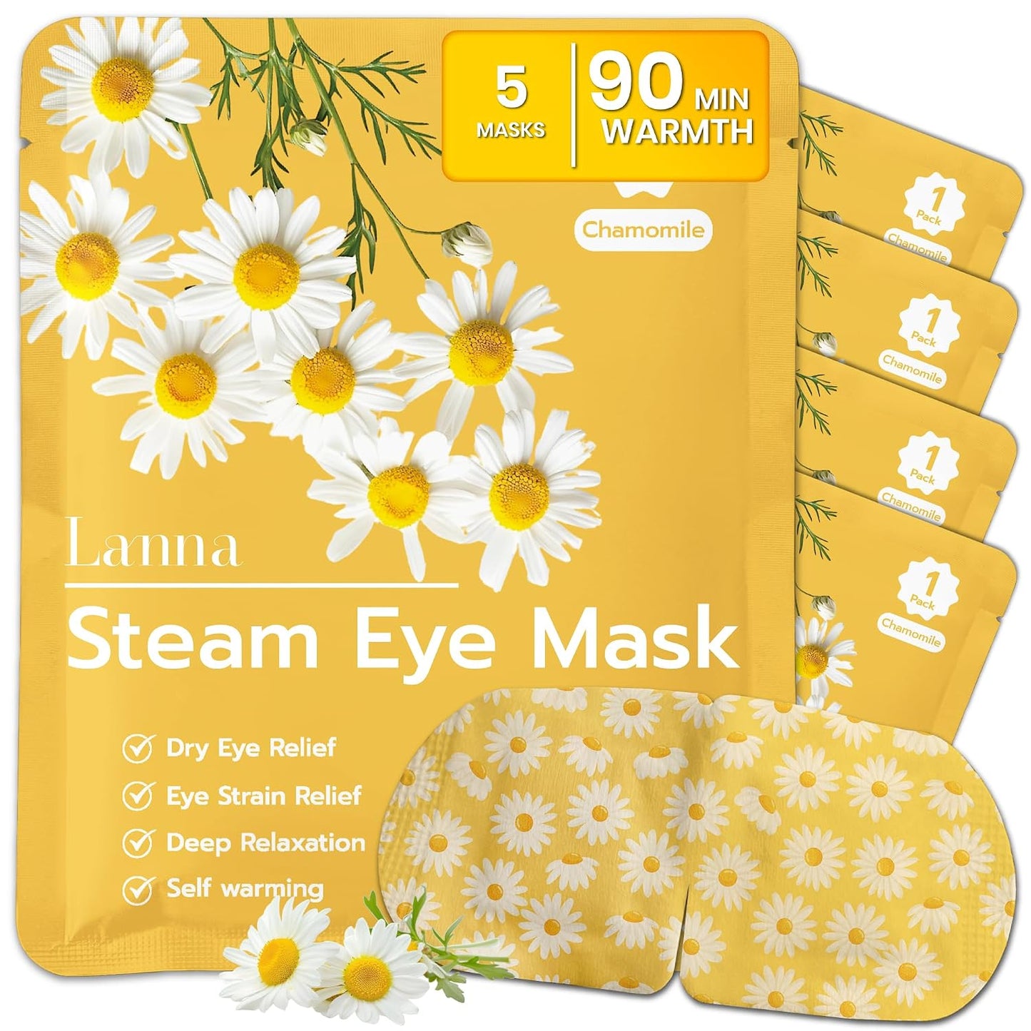 LANNA Heated Steam Eye Mask, Disposable 120 Minutes, Lavender Scent, 5 Pcs | Great for Sleep & Spa Relaxation, Self Heating Warm Compress for Dry & Puffy Eyes Long Lasting Heated Eye Mask for Stye Eyes