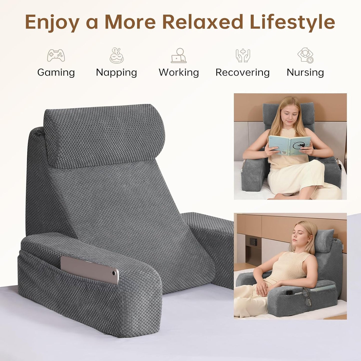 Vekkia 19'' Reading Pillow for Adults with XL Side Pockets, Adjustable Arms | 45° Back Support Chair for Sitting in Bed, Washable Cover, Perfect for Gaming, Watching TV, Relaxing, or Recovery, Gift Idea