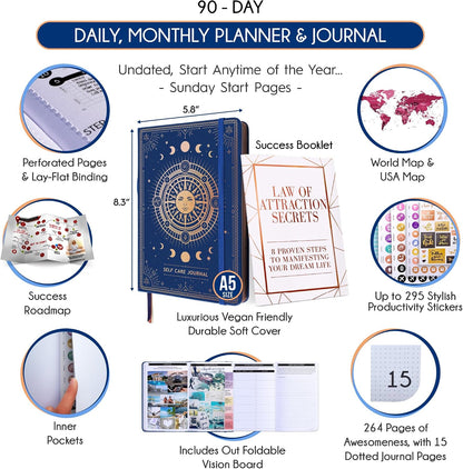 Freedom Mastery Daily Journal of Gratitude, Productivity & Habit Tracker | Undated 90-Day Planner with Daily Reflection, Mindfulness, Positivity, Vision Board & Stickers, Gratitude Journal for Women