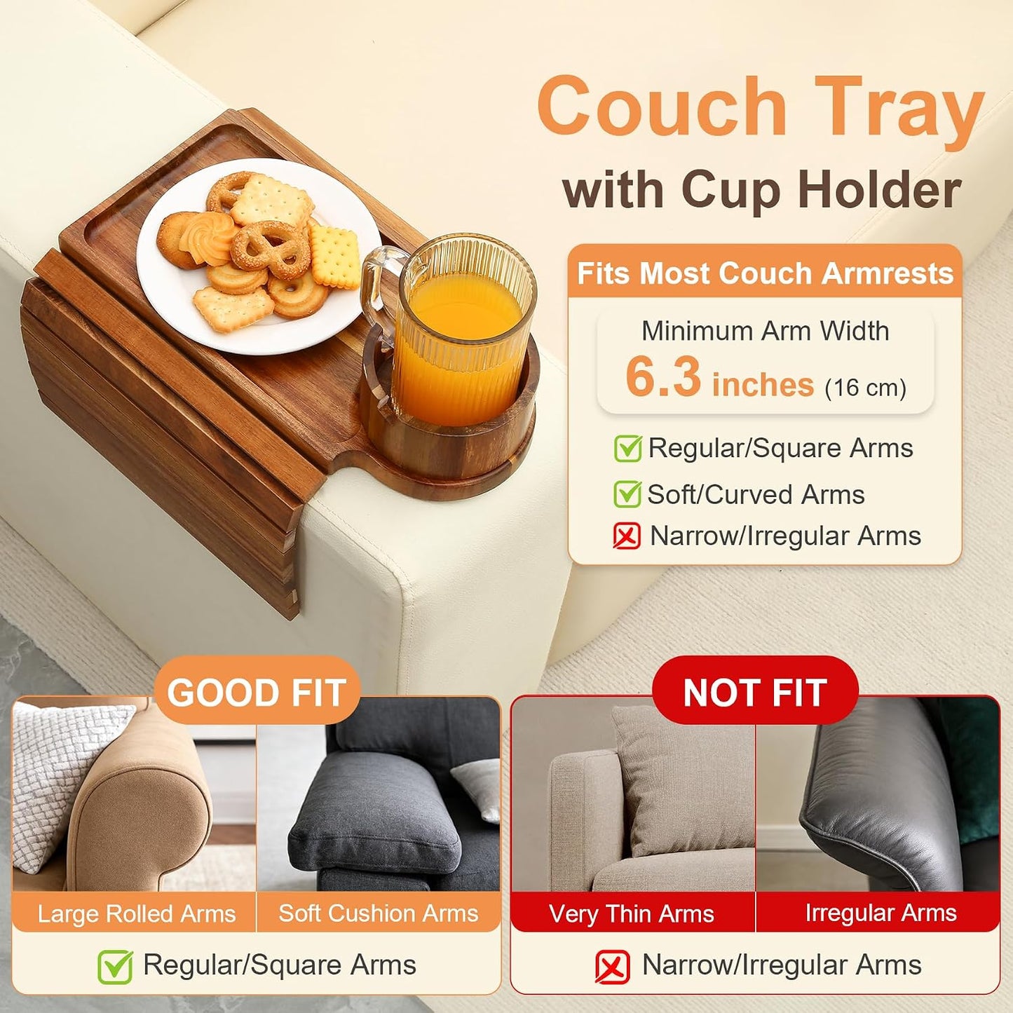 Couch Cup Holder - 3 in 1 Sofa Arm Tray with 360° Rotating Cup Holder & Phone Stand,Arm Chair Rest Table Fits Various of Large Width Couches Armrest,Anti-Slip Foldable Couch Tray for Drinks