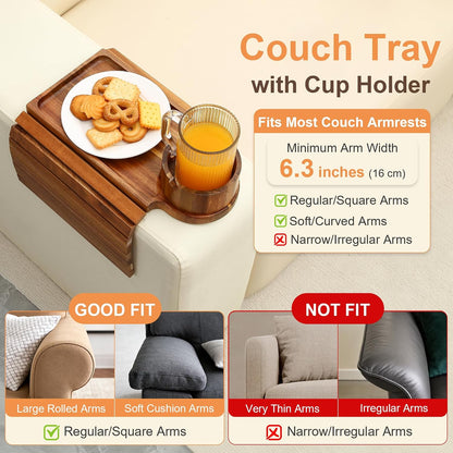 Couch Cup Holder - 3 in 1 Sofa Arm Tray with 360° Rotating Cup Holder & Phone Stand,Arm Chair Rest Table Fits Various of Large Width Couches Armrest,Anti-Slip Foldable Couch Tray for Drinks