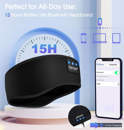 TOPOINT Sleep Headphones Headband Bluetooth 5.4, Sports Headband Earphones Sleeping Bluetooth Wireless with USB C for Women Men Sports Gifts Workout Jogging Yoga Insomnia Air Travel Meditation