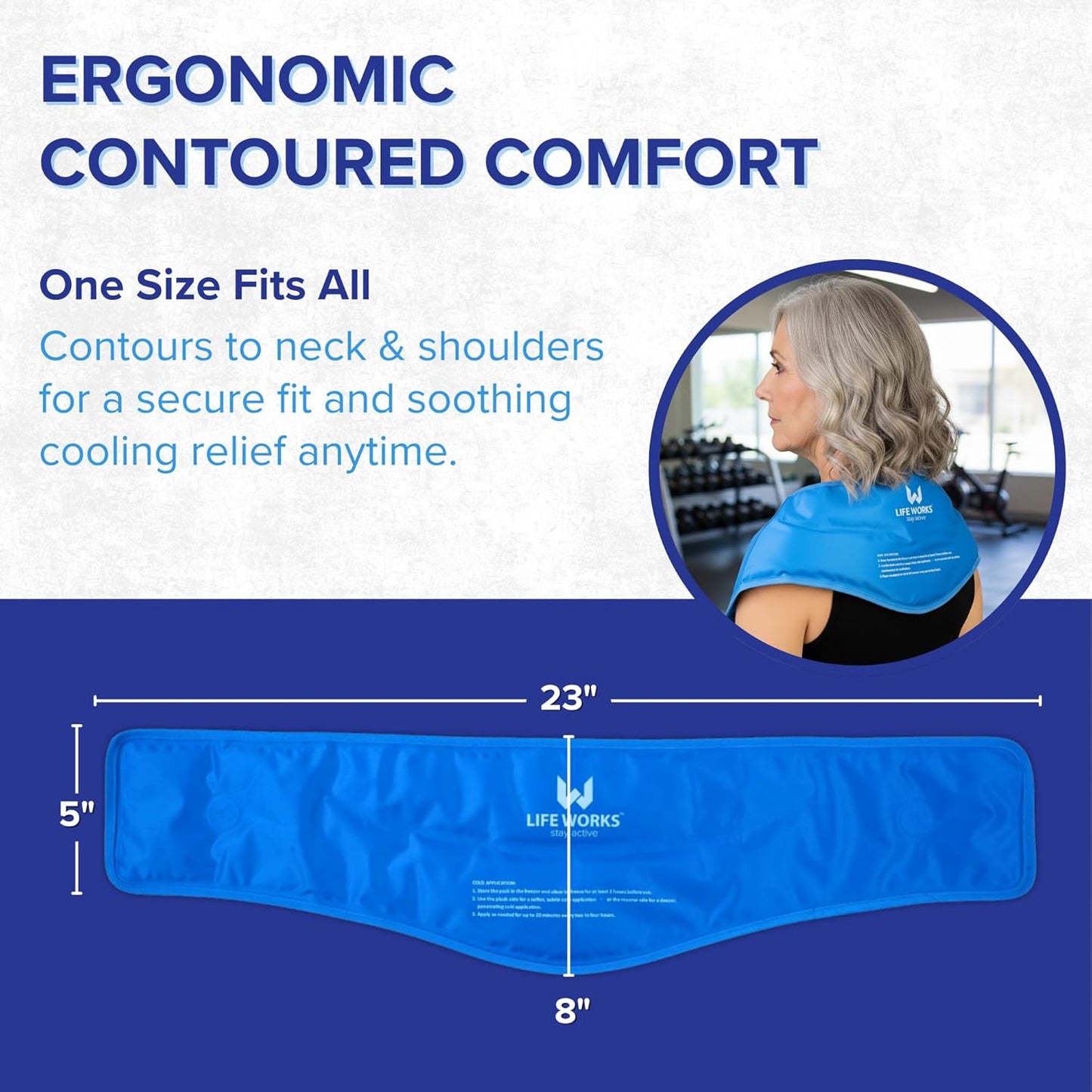 LIFE WORKS Gel Neck Ice Pack Wrap, Flexible Reusable Hot & Cold Pack, Soft Plush & Nylon Cover, Therapy Wrap for Neck, Shoulder & Upper Back Comfort, 23"x8"x5"