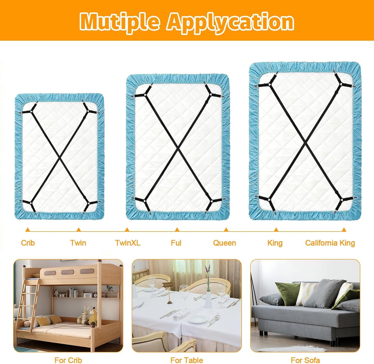 Bed Sheet Straps, 4Pcs Elastic Adjustable Bed Sheet Holder Straps, Fitted Sheet Straps to Hold Sheets in Place with Metal Clips, Sheet Holders for Mattress Cover, Sheet, Sofa Cushion (Black)